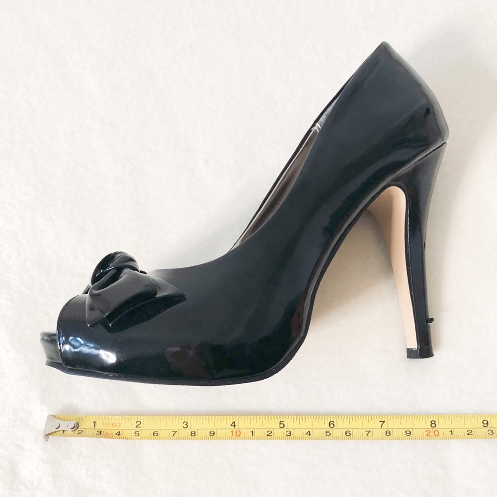 Zara Black Peep Toe Stiletto Heels Bow Detail Faux Vegan Patent Leather Shoes - Picture 10 of 16